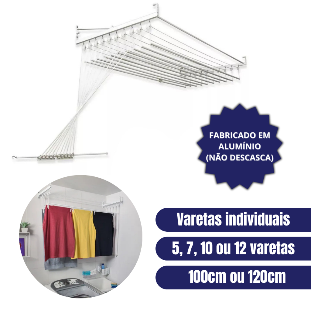 Varal de Teto ou Parede Para Apartamento com 5/7/10/12 Varetas Individuais 100cm ou 120cm