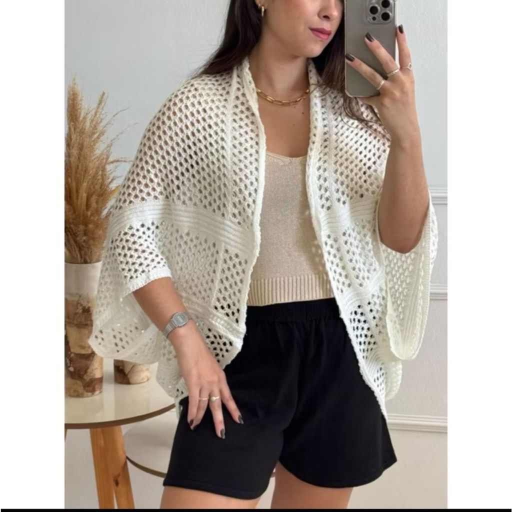Kimono Feminino Capa Casulo de Tricot Ponto Crochê Saída de Praia Atemporal Moda Inverno/Verão