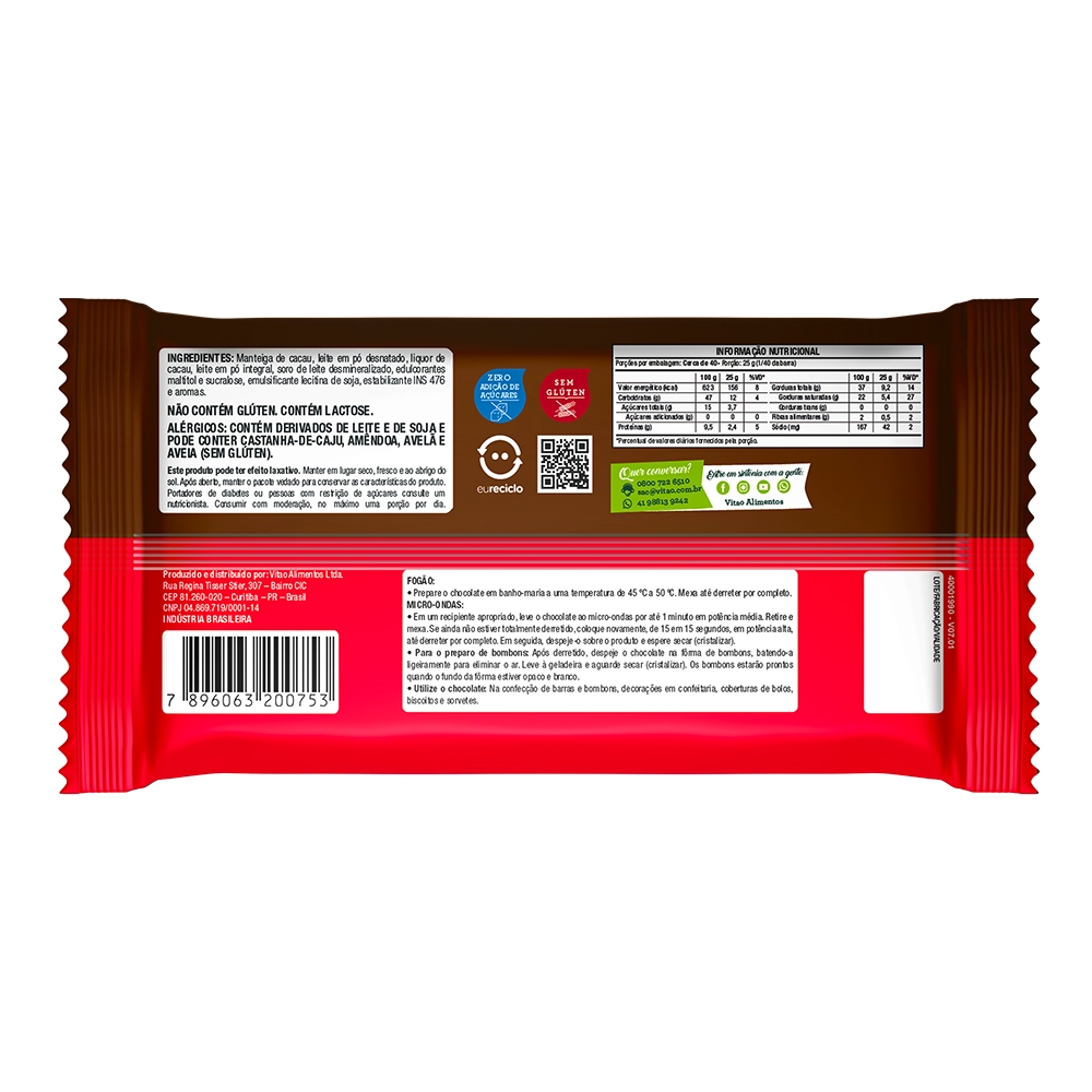 Chocolate Ao Leite Zero Açúcar VitaoPRO 1,01 Kg
