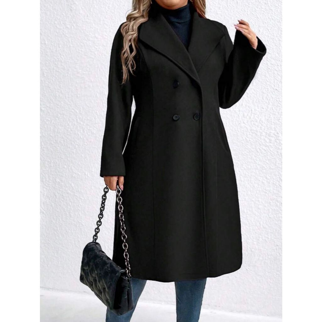 Casaco Sobretudo Feminino Longo Inverno Lã Batida Blazer Moda Com Bolsos Jaqueta De Frio Nude Preto