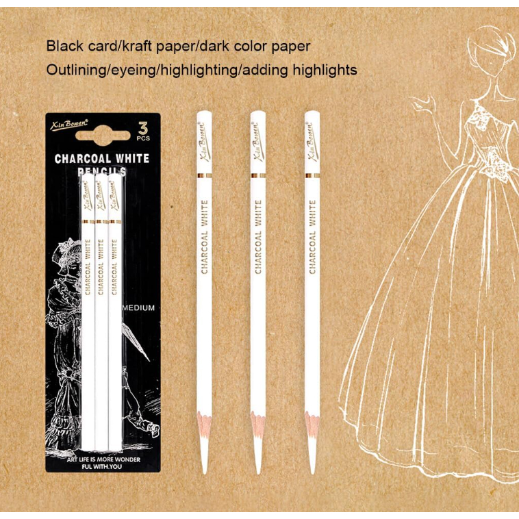 Kit 3 Conjunto Profissional Lápis De Carvão Branco Sketch Highli ght Desenhar Esboçar Sombreamento