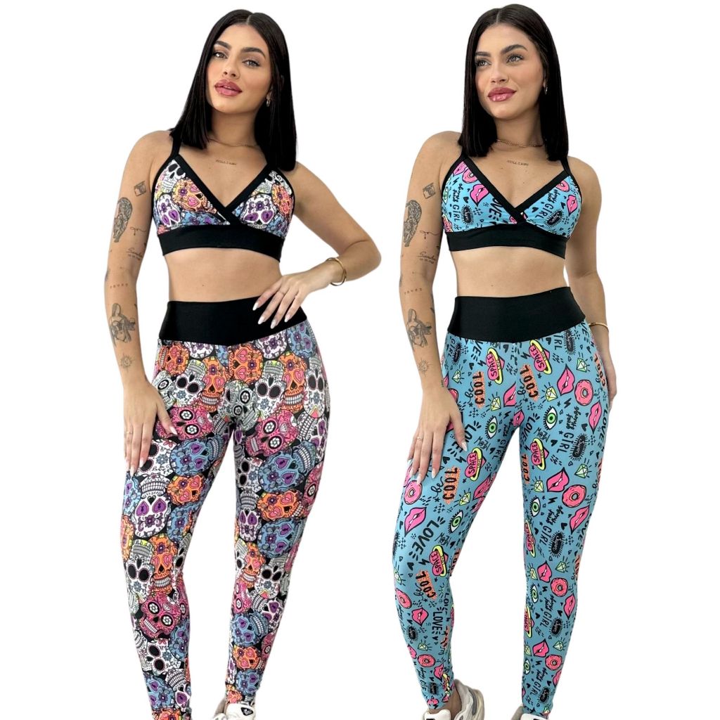 Conjunto Feminino de Academia Calça Leg Top Fitness Estampada