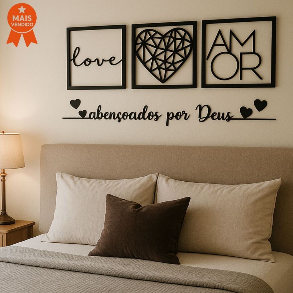 Kit 3 Quadros Cabeceira Amor Coração Geométrico + Frase Parede Abençoados Por Deus + 2 mini coração em Oferta na Shopee
