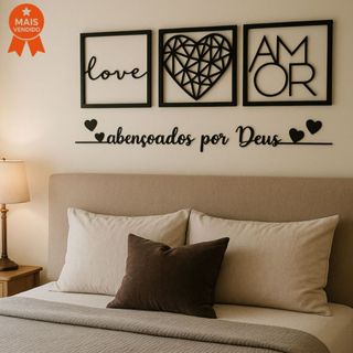 Kit 3 Quadros Cabeceira Amor Coração Geométrico + Frase Parede Abençoados Por Deus + 2 mini coração em Oferta na Shopee