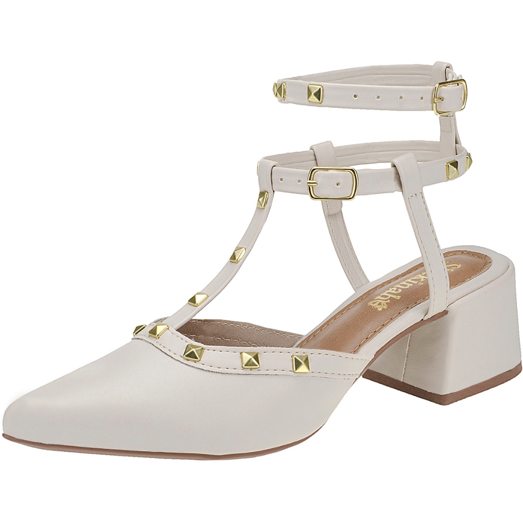 Scarpin Feminino Salto Bloco Shekinah Tiras Tachinhas Douradas Spike Rock Chic Moda Confortável em Oferta na Shopee