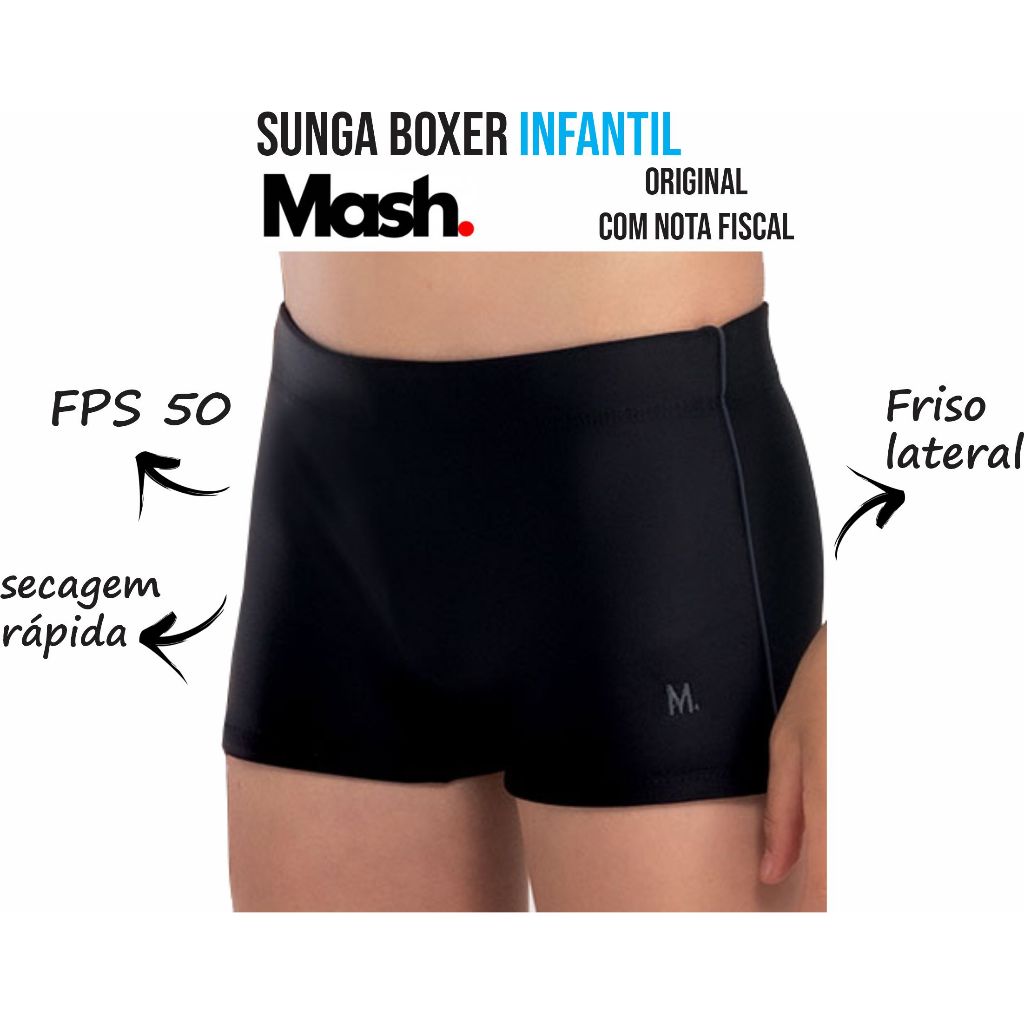 Sunga Boxer Mash Intantil lisa com bordado e friso lateral praia piscina natação