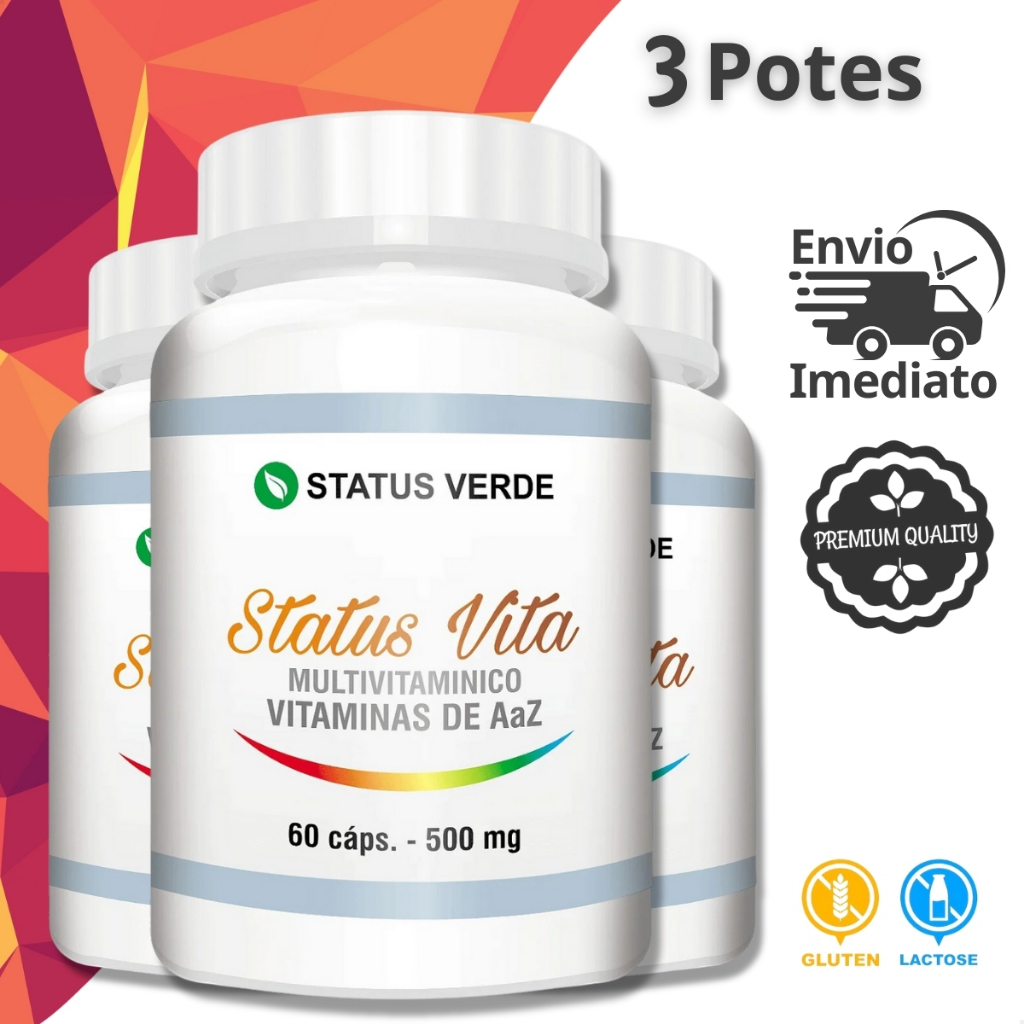 3 Potes Multivitamínico A-Z Status Vitta  Kit 180 Cáps de 500mg
