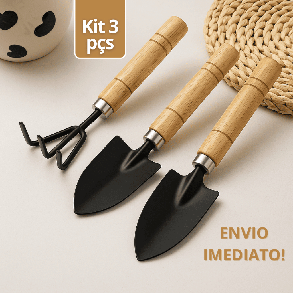 Kit 3 Peças Para Jardinagem Conjunto Mini Ferramentas Madeira Jardim Vaso Planta Horta Cultivo  Pá