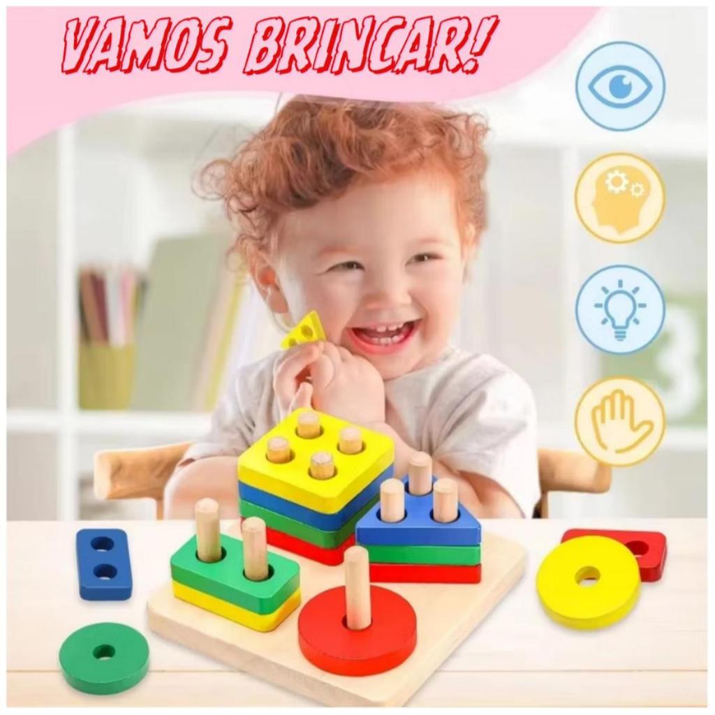 Brinquedo de encaixe formas geométricas Montessori educativo coordenação motora pedagógico 16 peças