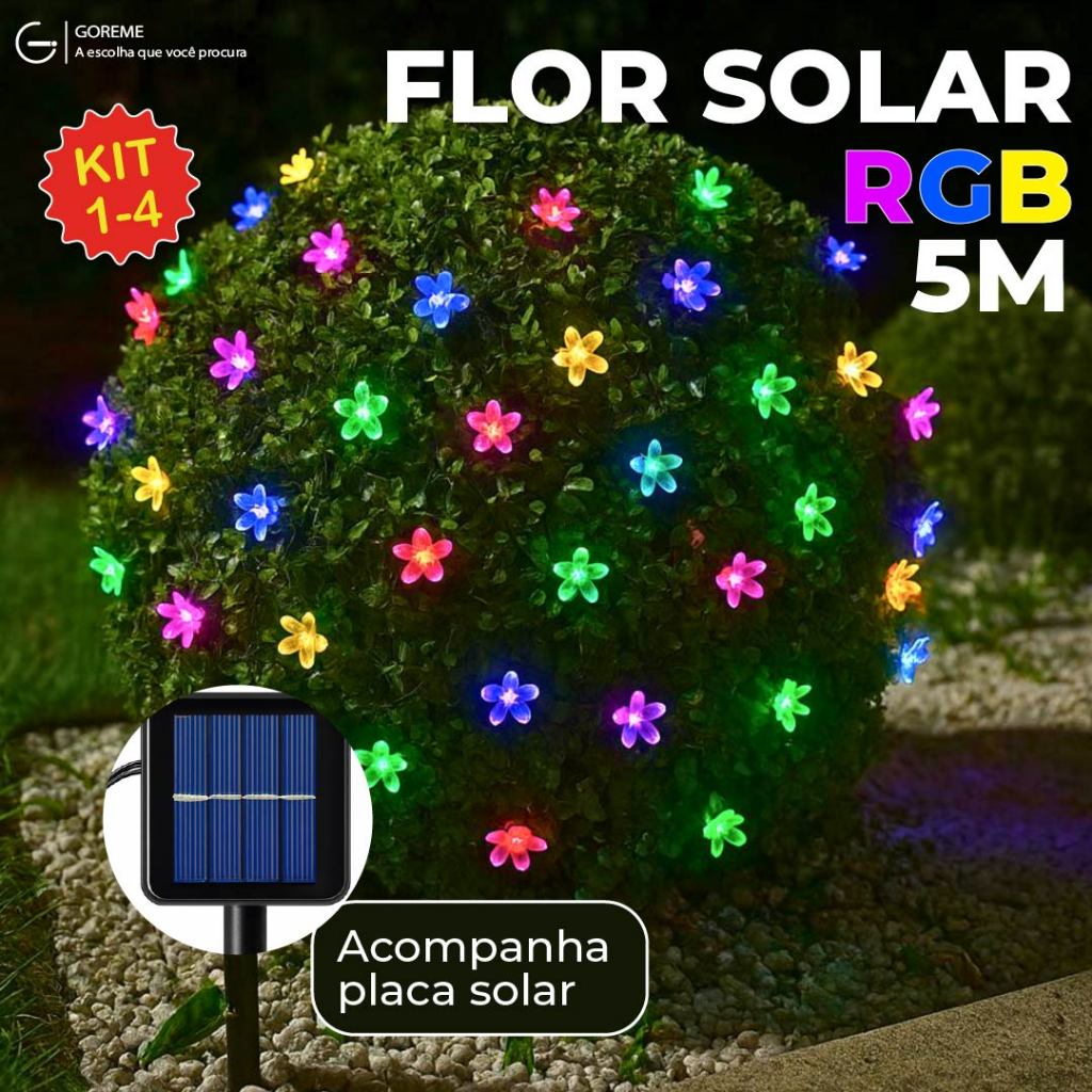 20M Luz Solar Fio de Fada Flor RGB 5M Led Com Placa Solar para ambientes externos em Oferta na Shopee