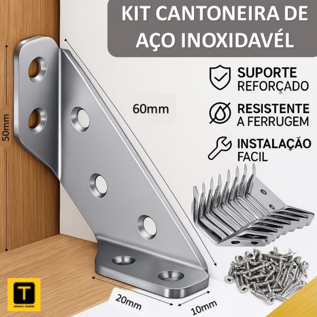 Conector de Canto Aço Inoxidável Cantoneira Junção de Canto P/ Móveis, Prateleiras C/ Parafusos
