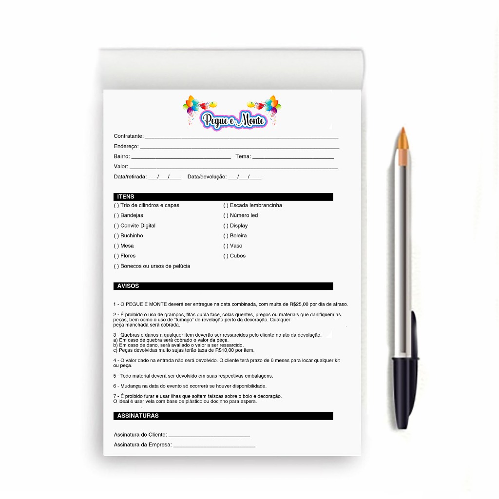 BLOCO CONTRATO PEGUE E MONTE FESTAS EVENTOS LOCAÇÃO COM 100 FOLHAS A5 14X21CM DESTACAVEL em Oferta na Shopee