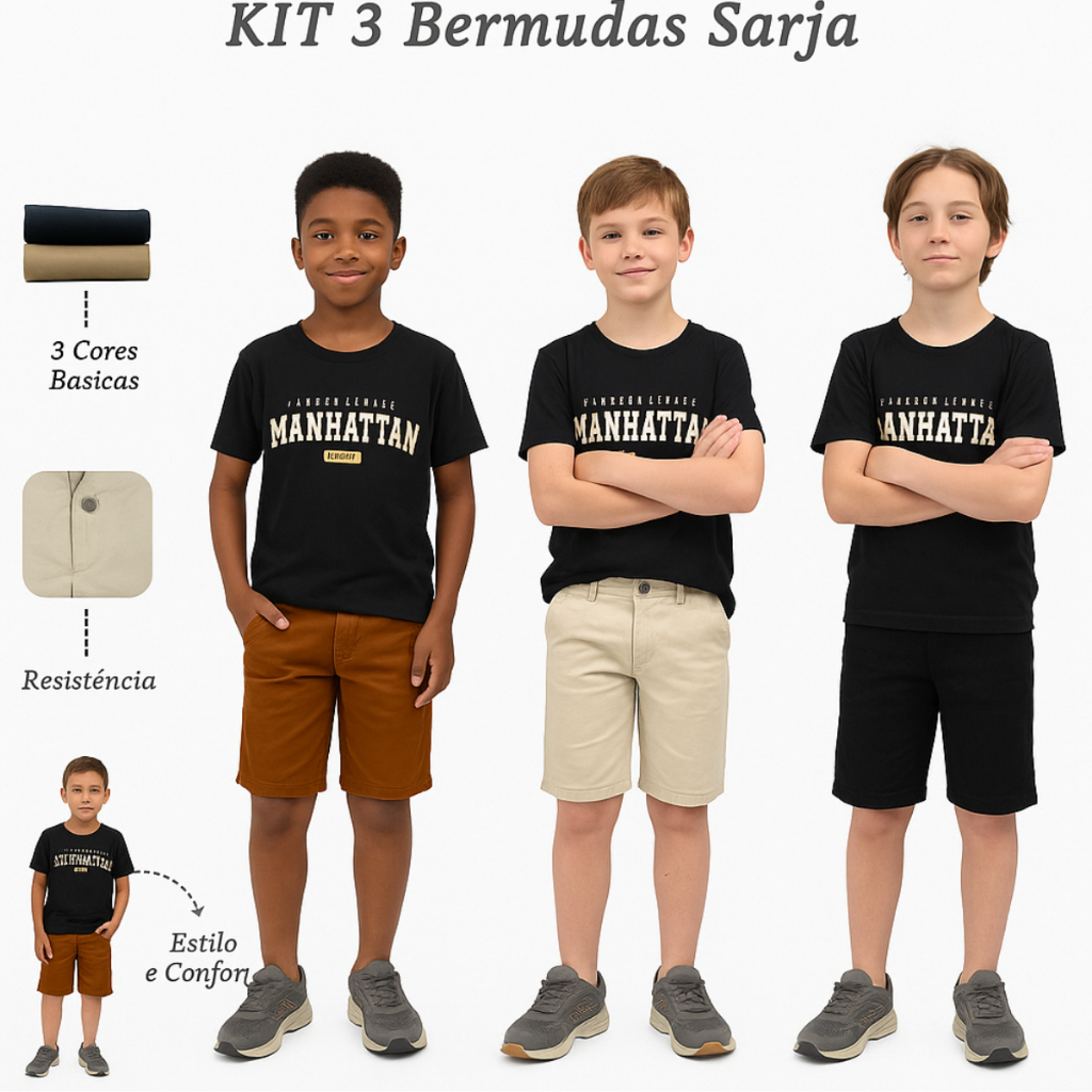 KIT 3 SHORT SARJA MASCULINO BERMUDAS JEANS JUVENIL