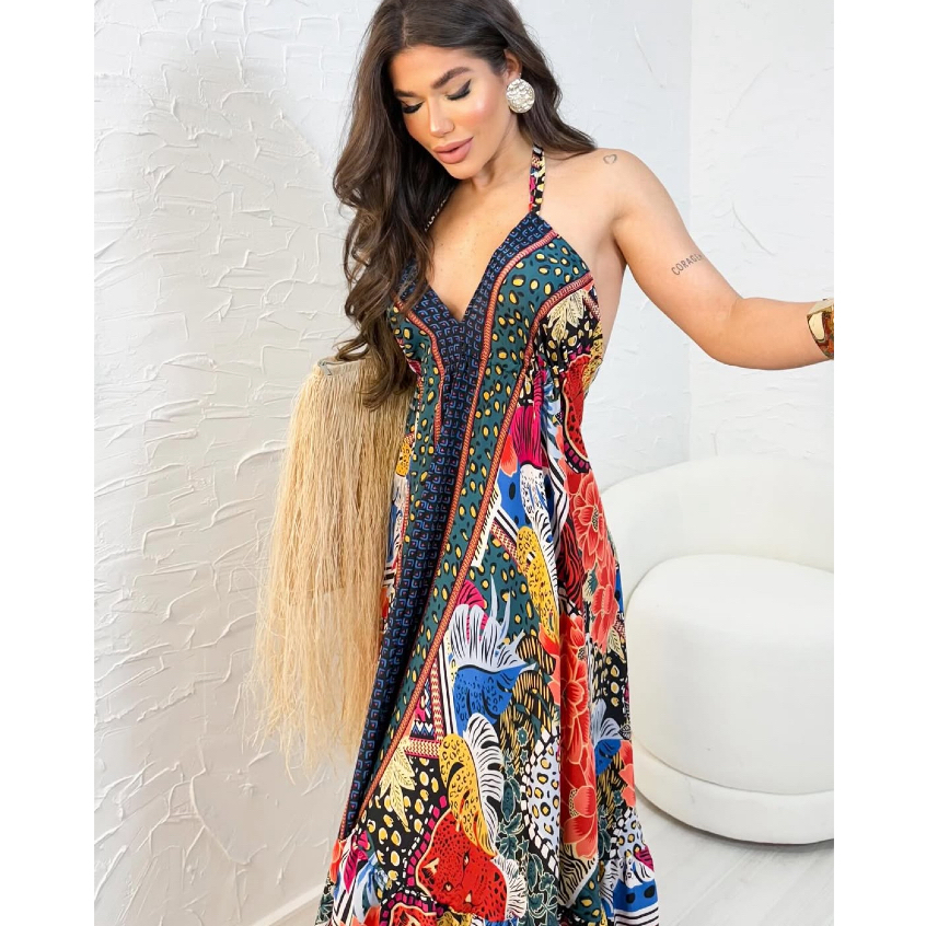 Vestido elegante feminino multiforma frente unico longo de Seda Indiano estampado