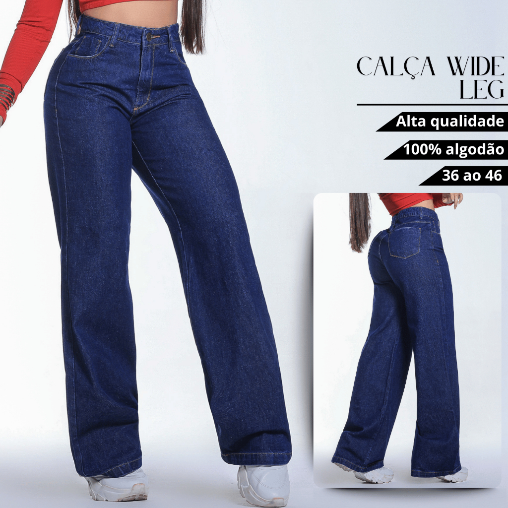 Calça Wide Leg Jeans Pantalona Sem Lycra Cintura Alta Com Bolso Original