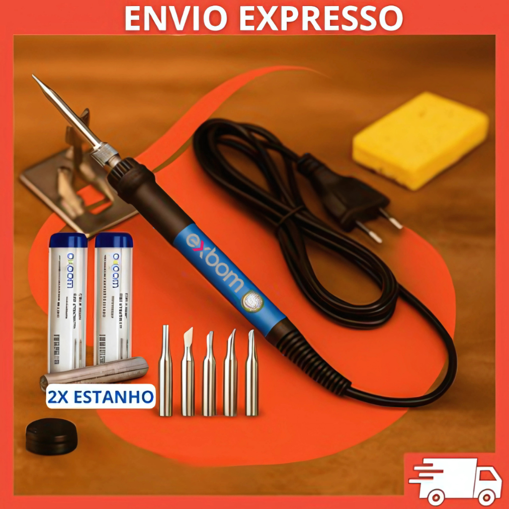 Kit Ferro de Solda Controle Temperatura 110/220V 60W Ajustável Estanho 6 Pontas Suporte Esponja
