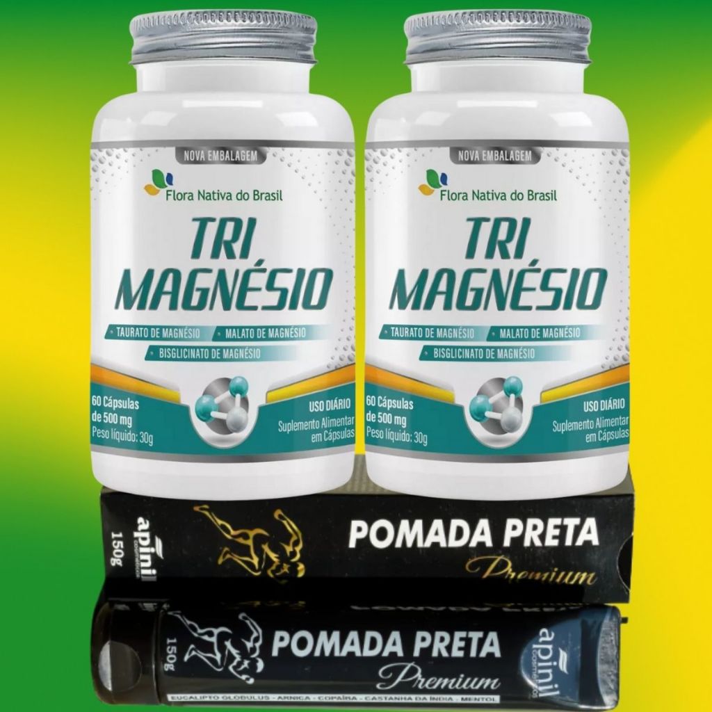 Tri magnésio / 60 cápsulas 2 potes e pomada / taurato de magnésio - malato de magnésio - bisglicinato de magnésio