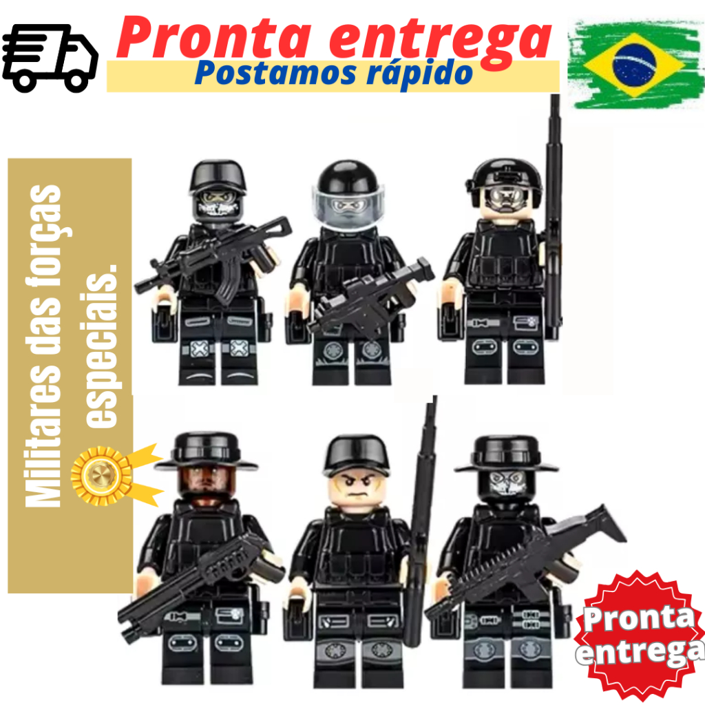 kit 6 bonecos herois policiais policial militares brinquedo blocos de montar minifiguras forças especiais