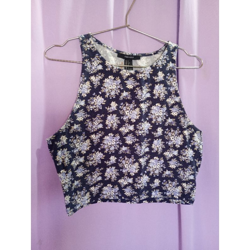 Cropped Forever21 azul estampado Floral • Moda Feminina