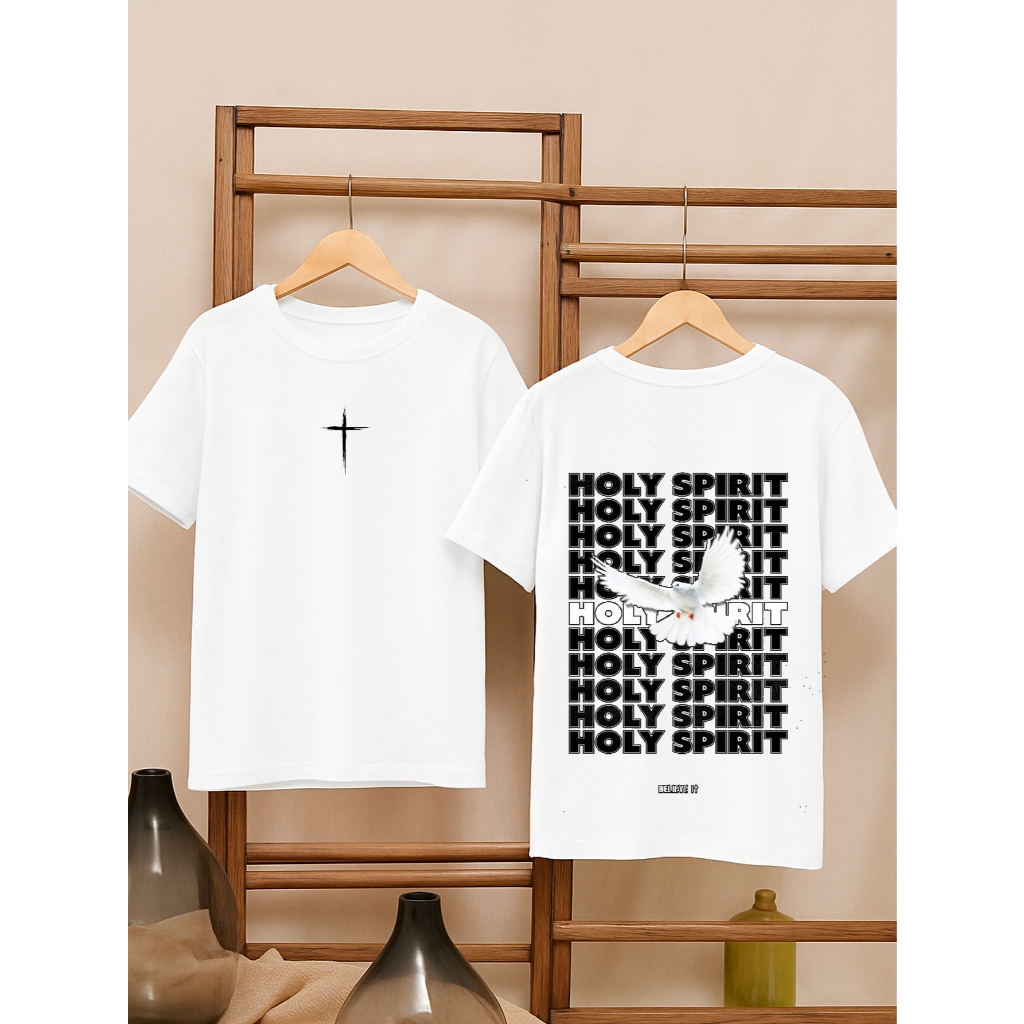Camiseta Oversized Feminina Estampada Frente e Costas 100% Algodão Camisetão Academia Treino Holy Spirit Cruz Religiosa