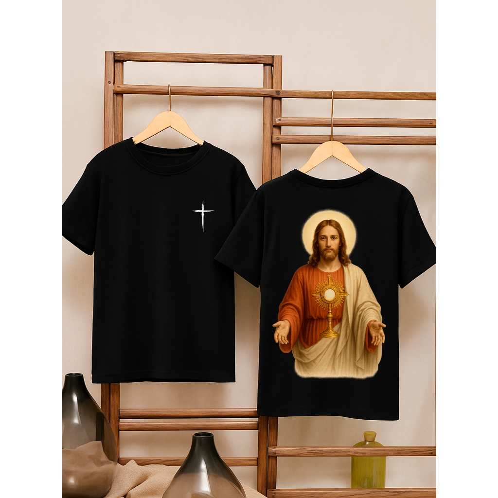 Camiseta Oversized Feminina Estampada Frente e Costas 100% Algodão Camisetão Jesus e Santissimo Religiosa Católica