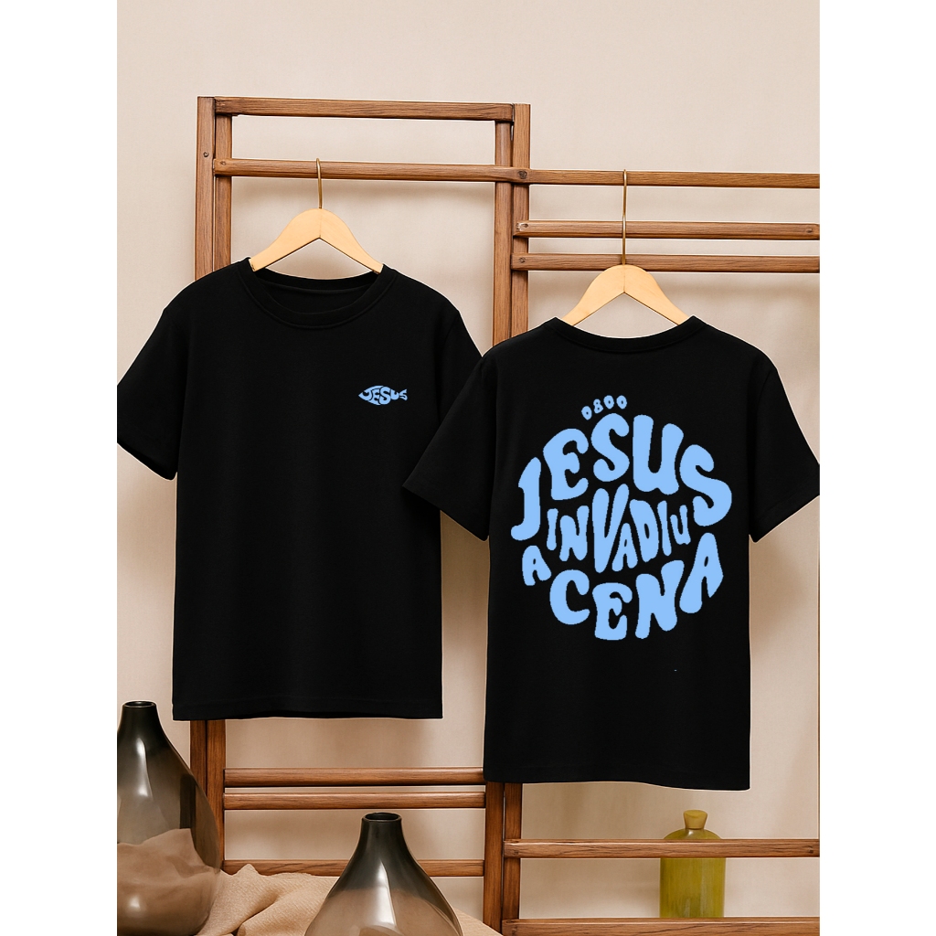 Camiseta Oversized Feminina Estampada Frente e Costas 100% Algodão Camisetão Jesus Invadiu a Cena Religiosa Cristã
