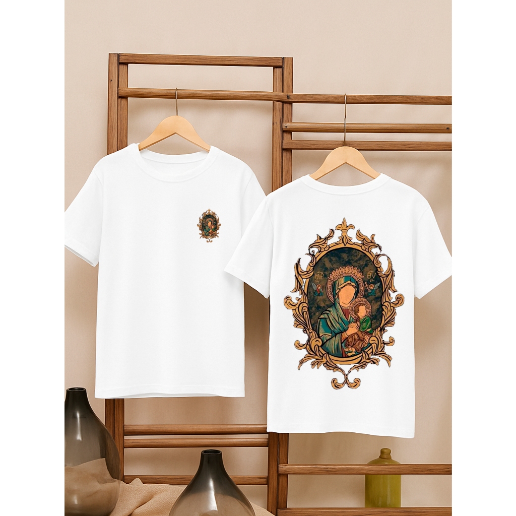 Camiseta Oversized Feminina Estampada Frente e Costas 100% Algodão Camisetão Medalha de Nossa Senhora Religiosa Cristã