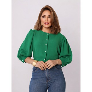 Smile Fashion    camisa feminina manga 3/4 com botao abrir tecido duna em Oferta na Shopee