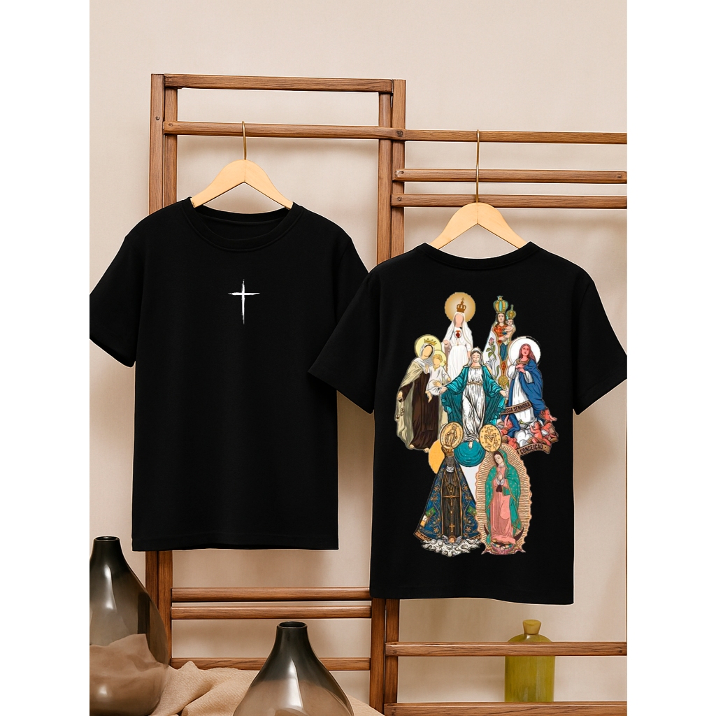 Camiseta Oversized Feminina Estampada Frente e Costas 100% Algodão Camisetão Todas Nossas Senhoras Religiosa Cristã Cruz
