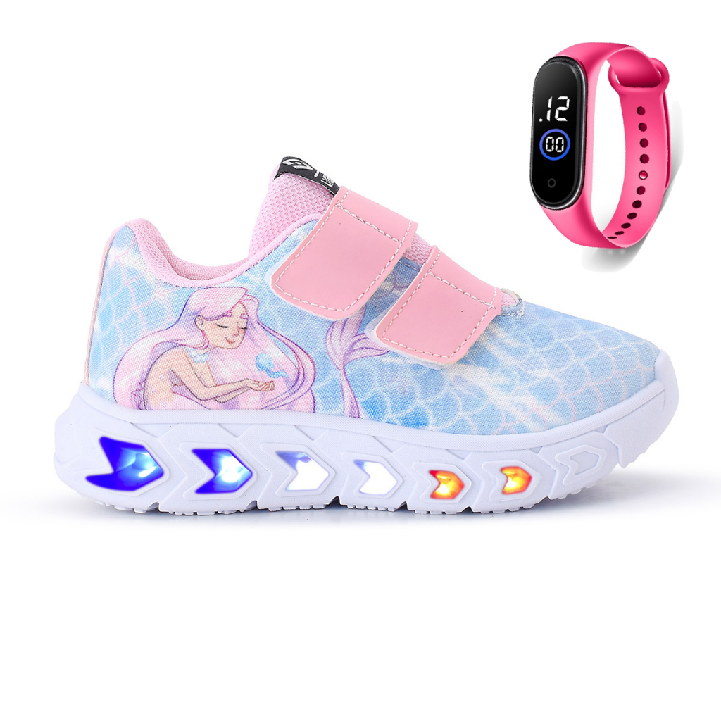 Tênis Infantil De Led Sereia Luzinha Menina + Relógio