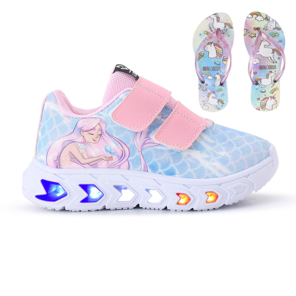 Tênis Infantil De Led Sereia Luzinha Menina + Chinelo