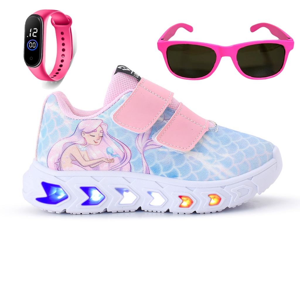 Kit Tênis Infantil De Led Sereia Luzinha Menina + Relógio e Óculos Brinde