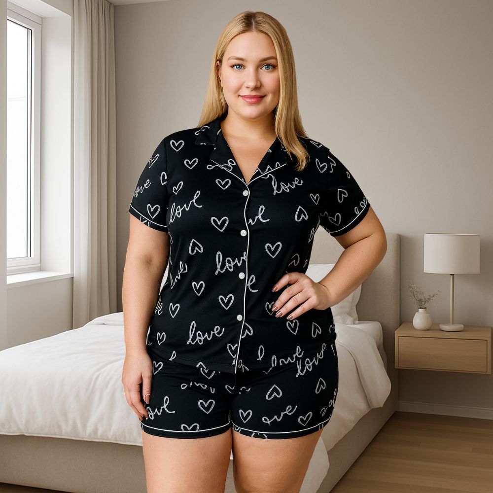 Pijama Americano Estampado Plus Size Blusa com Botões que Abrem e Short Anastácia 50 52 54 56 em Oferta na Shopee