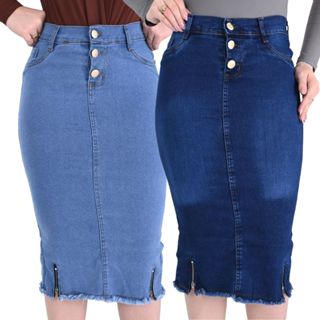 Saia Jeans Mayra Feminina Midi Justa Com Lycra Cintura Alto Com Botoes Moda Casual Evangelica em Oferta na Shopee