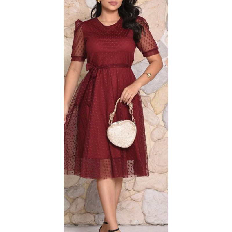 Vestido Feminino Vestido manga curta Vestido de tule Vestido midi Vestido Moda evangelica Vestido de Festa com cinto