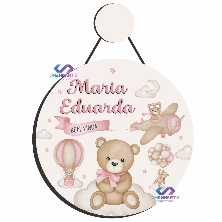 Enfeite Porta Maternidade Ursinha Aviadora Aquarela - Ursa - Ursinha baloeira aquarela - GUIRLANDA