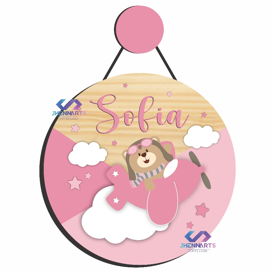 Enfeite Porta Maternidade Ursa Aviadora, Avião, Ursinha - Nome personalizado - Decoração para quarto