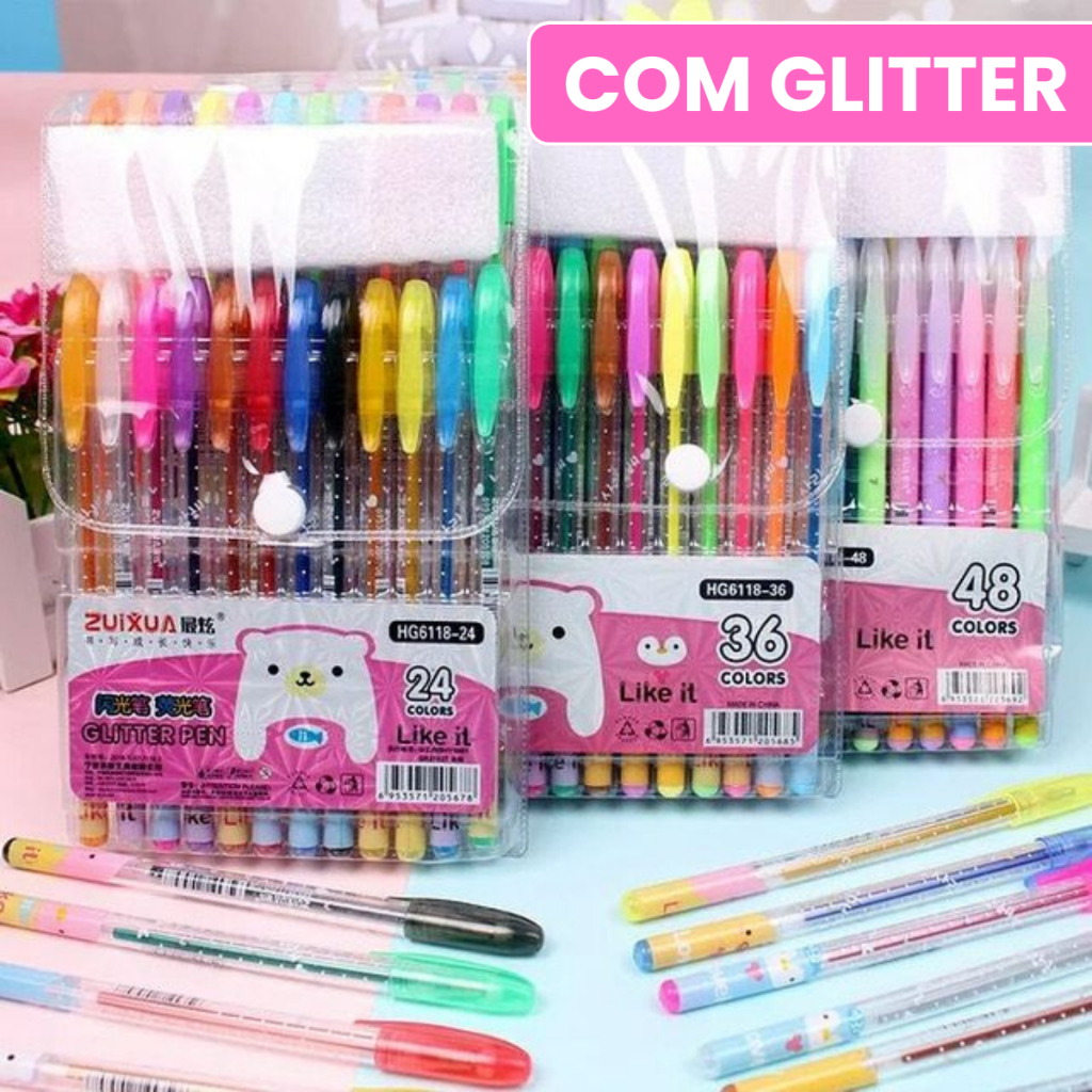 Caneta Escolar Gel Glitter Perfumada Colorida Escolar 36 Cores