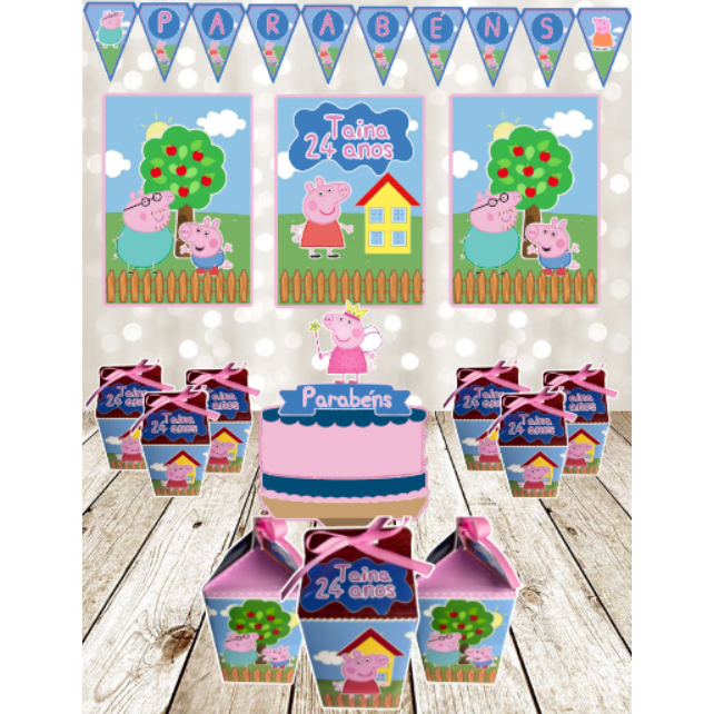 🎉 Kit Festa PEPPA PIG– Painéis + Caixas Milk Personalizadas+Topo de bolo+Bandeirola-SÓ UM BOLINHO 🎉
