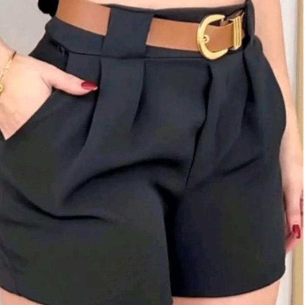 Short Social Alfaiataria Feminino Com Cinto Com Bolso Cintura Alta PROMOÇÃO