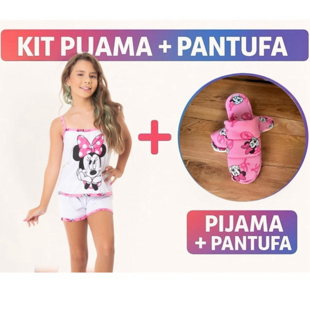 Kit Pijama Short Doll Infantil + Pantufa Infantil Blogueirinha Estampa Personagens