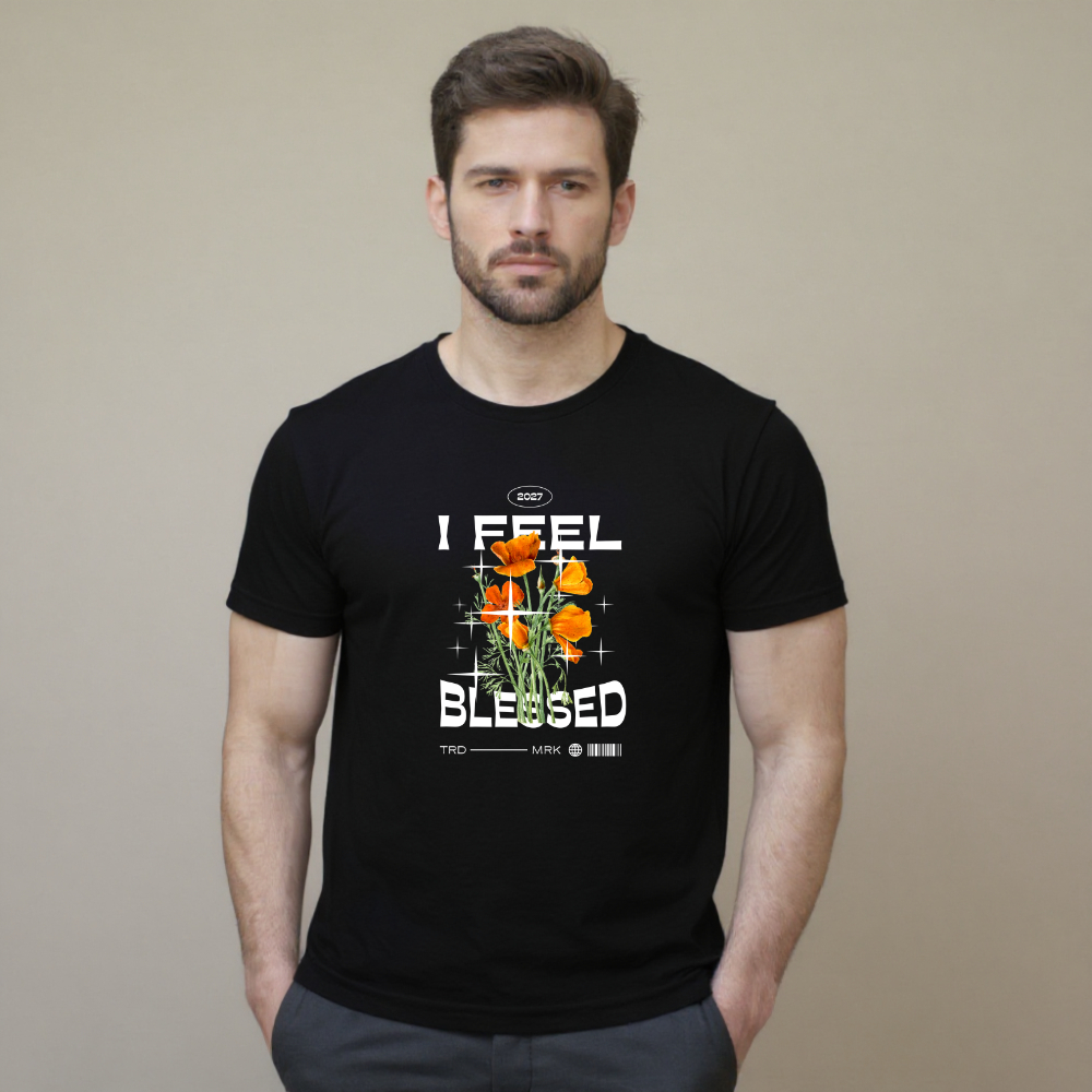 CAMISETA DE ALGODÃO ESTAMPADA UNISSEX STREETWEAR I FEEL BLESSED MODERNA URBANA CASUAL ARTE FLORAL PRETA BRANCA