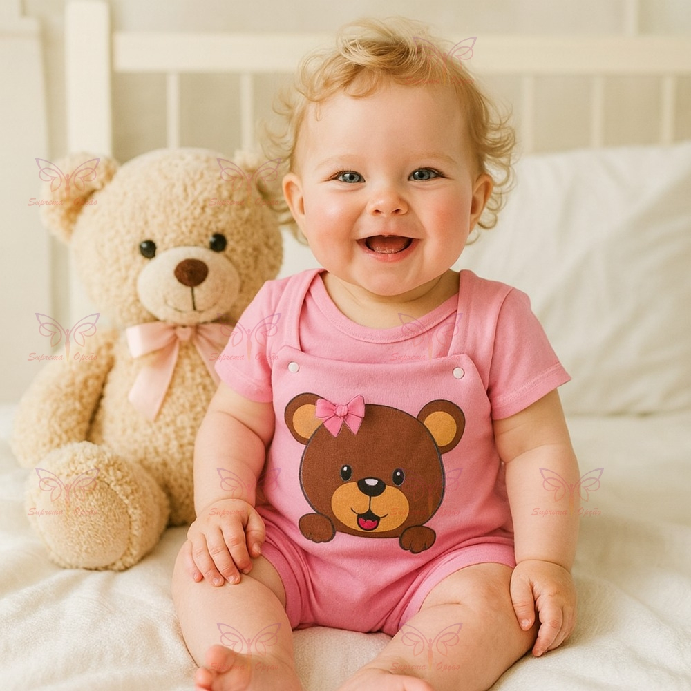 Conjunto Macacão Jardineira Com Camiseta – Bebê Menina – Estampa de Ursinha – RN a 3 Meses