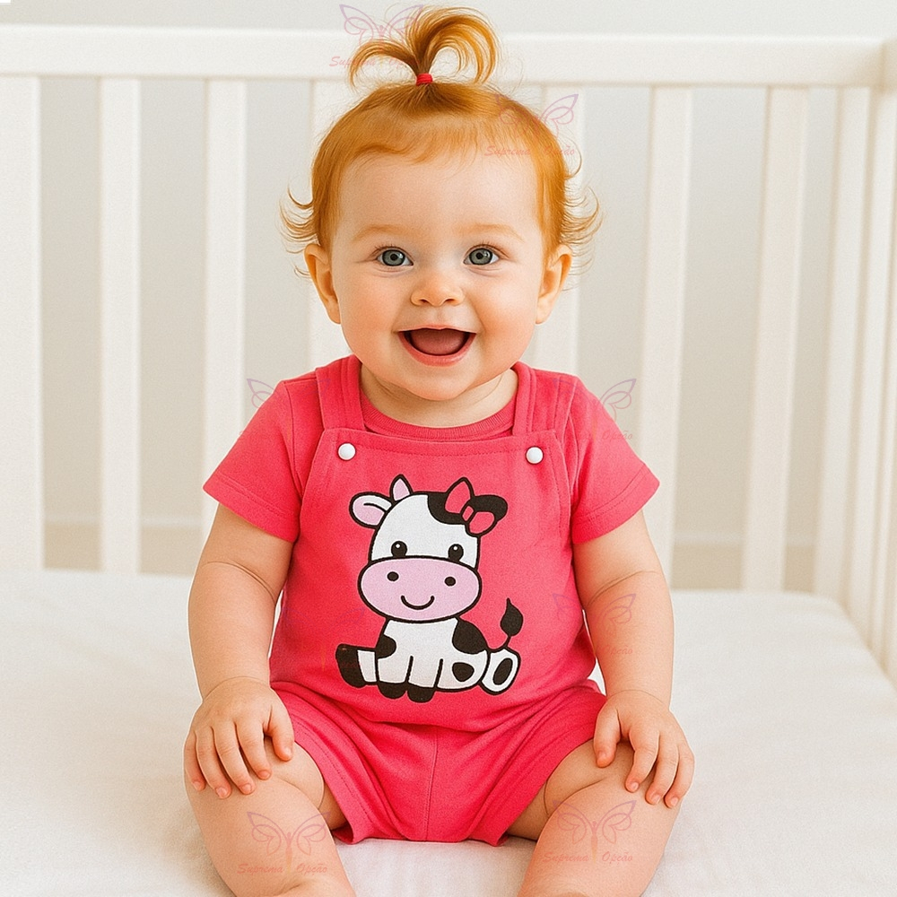 Conjunto Macacão Jardineira Com Camiseta – Bebê Menina – Estampa de Vaquinha – RN a 3 Meses