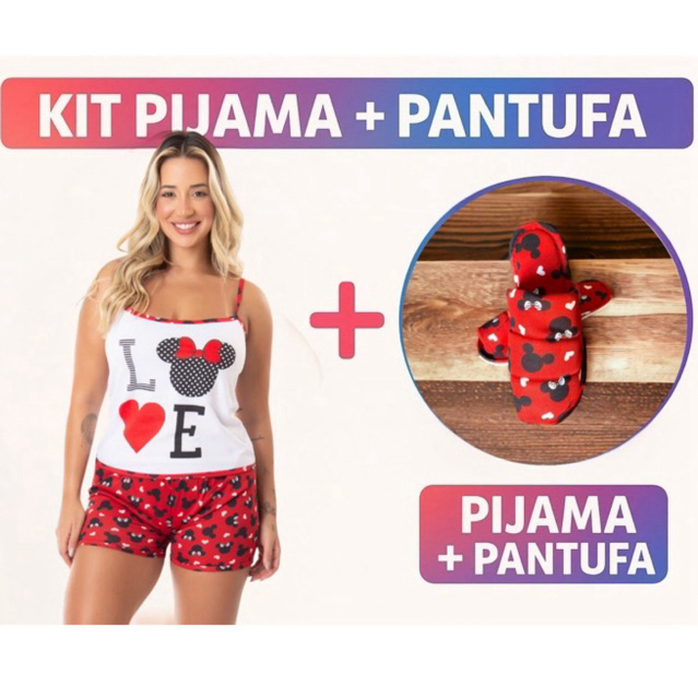 Kit Pijama Short Doll + Pantufa Adulto Blogueirinha Atacado Estampa Personagens