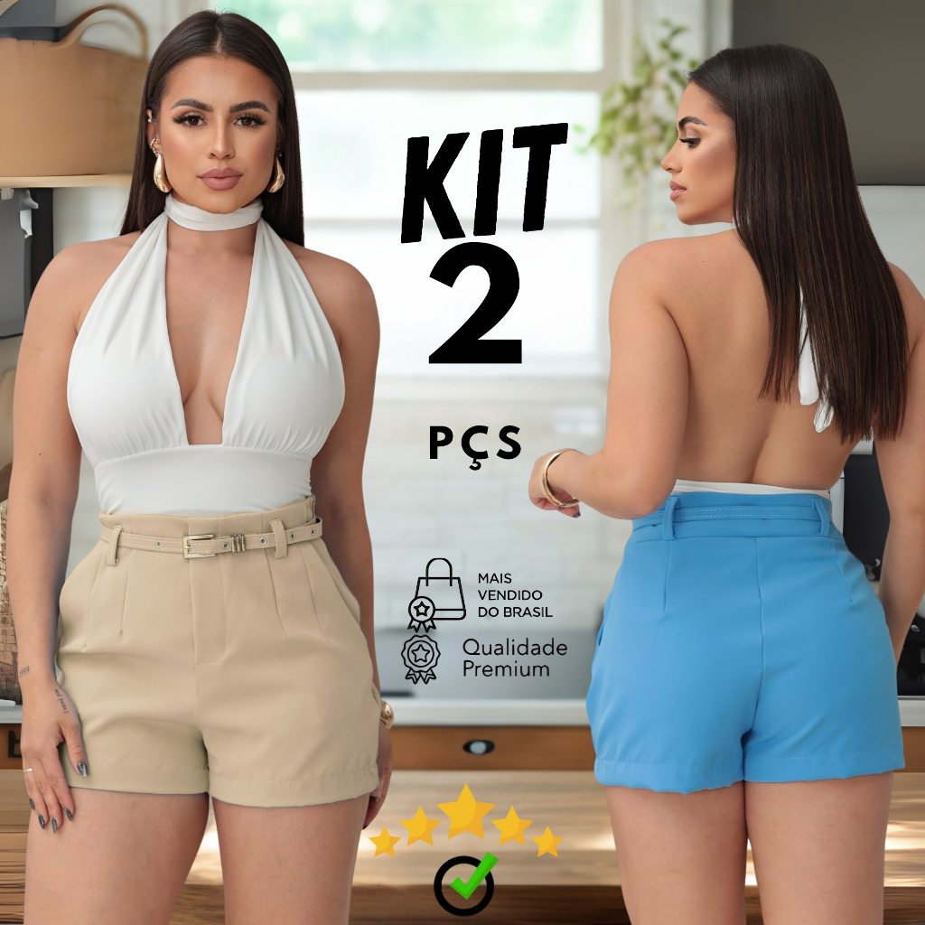 Kit 2 Short Feminino Alfaiataria Social com Cinto cintura alta com bolso tendência Promoção ENVIO IMEDIATO
