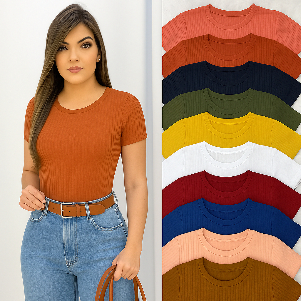 Kit 5 Blusas Femininas T-Shirt em Malha Canelada Premium - Malha Quentinha