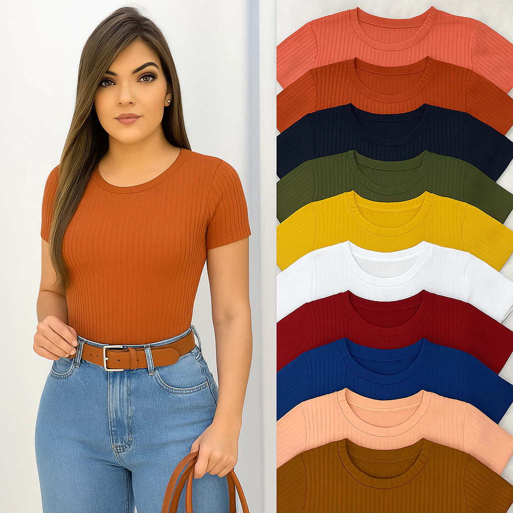 Kit 5 Blusas Femininas T-Shirt em Malha Canelada Premium - Malha Quentinha — imagem 1