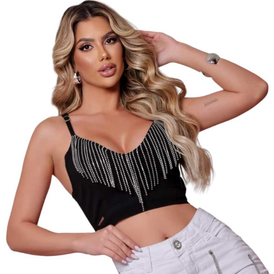 Cropped Preto P ao GG Top com Franja Strass Blusa Preta de Alça