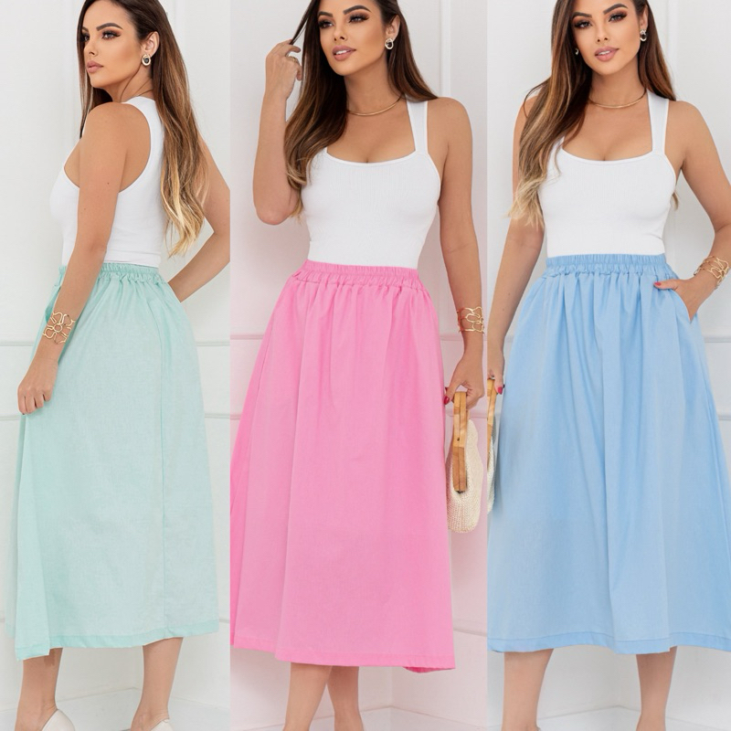 Saia Feminina Tricoline Forrada Com Bolso Cintura Alta Com Elástico Cód165 em Oferta na Shopee